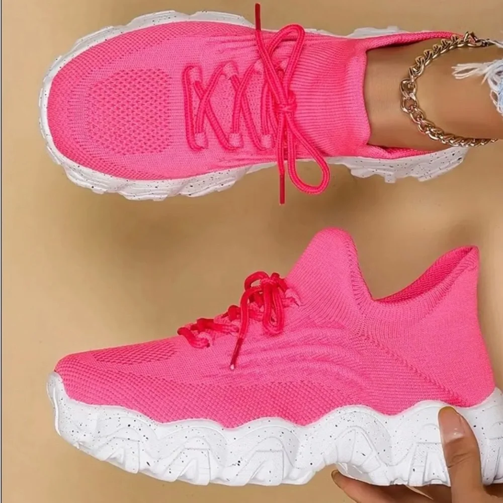 Pink and White Athletic Sneakers with Chunky Sole - Picture 2 of 2